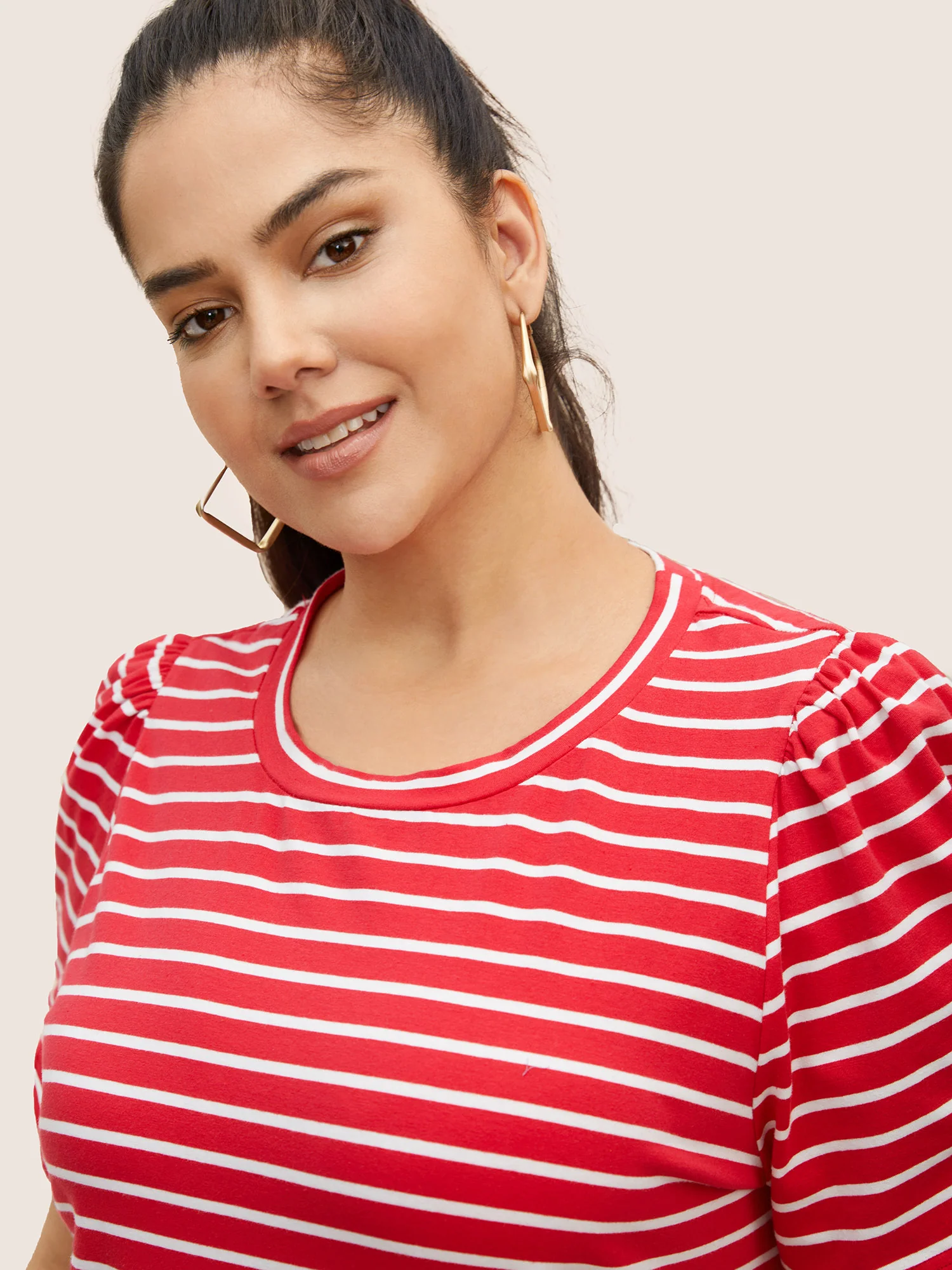 Round Neck Striped Bishop Sleeve T-shirt - Image 4