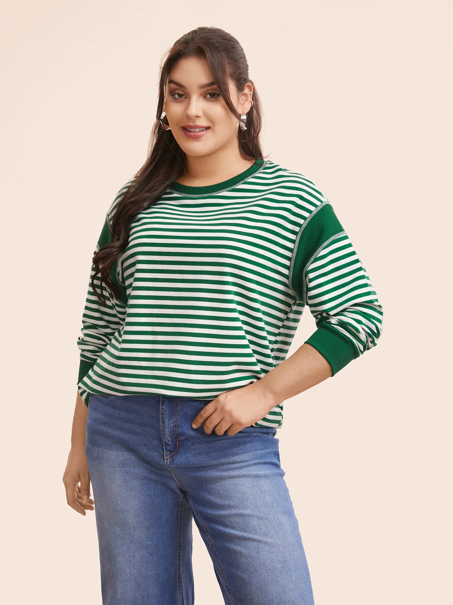 Round Neck Striped Patchwork Stitch Sweatshirt