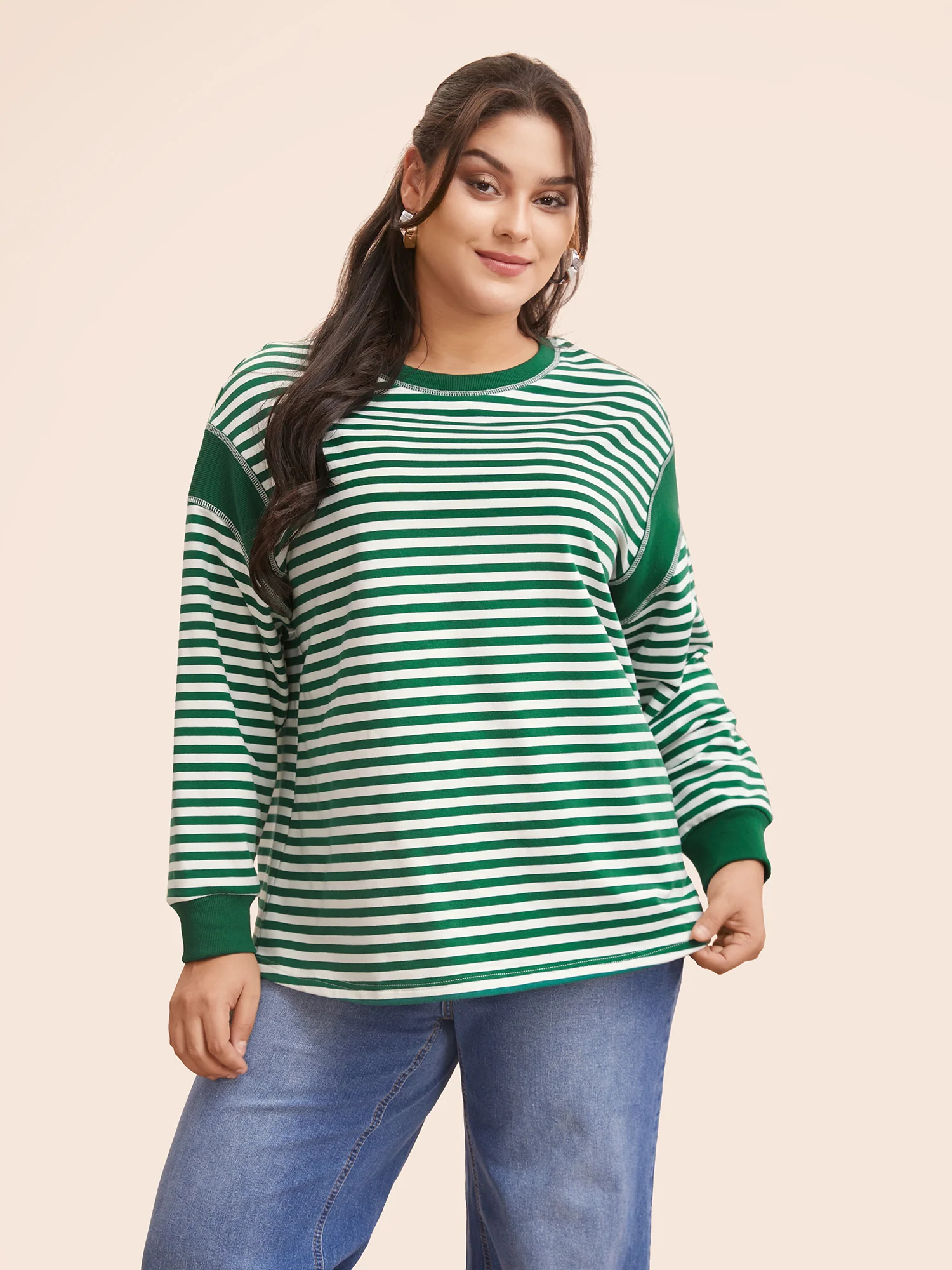 Round Neck Striped Patchwork Stitch Sweatshirt - Image 2