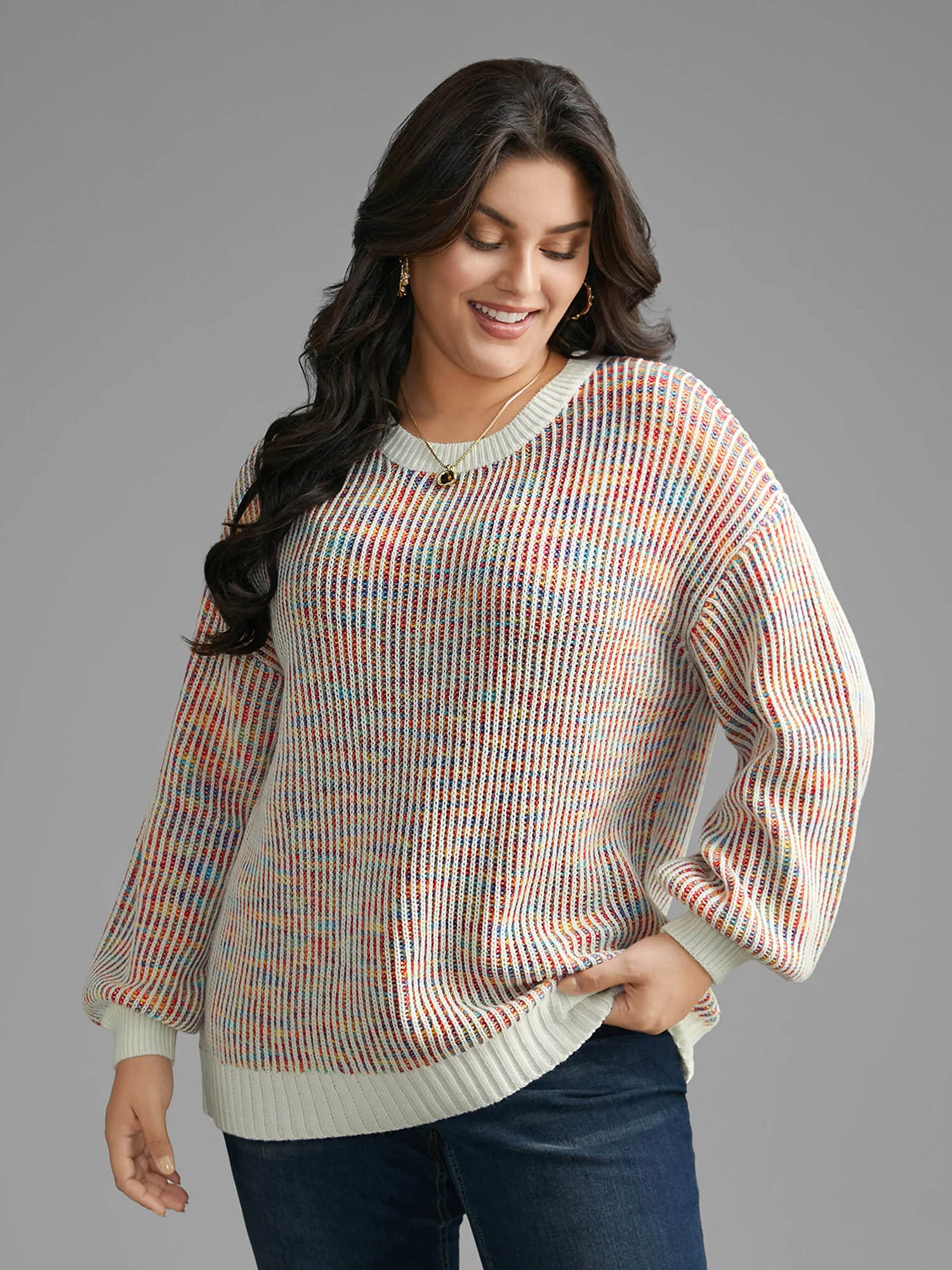 Round Neck Texture Contrast Heather Pullover - Image 3