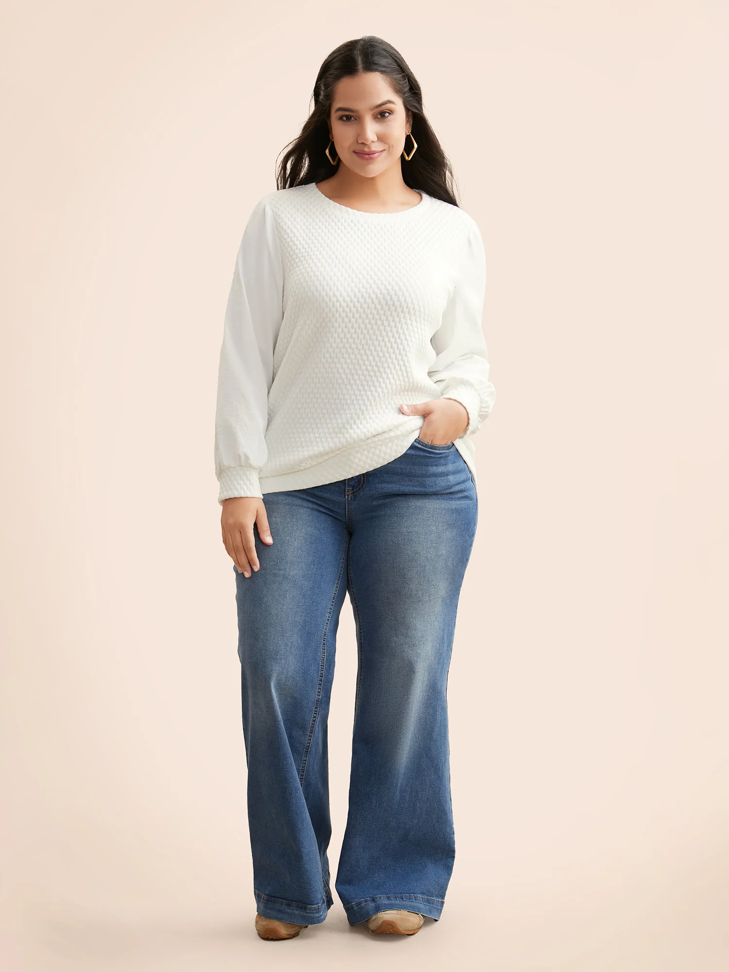 Round Neck Texture Patchwork Sweatshirt - Image 3