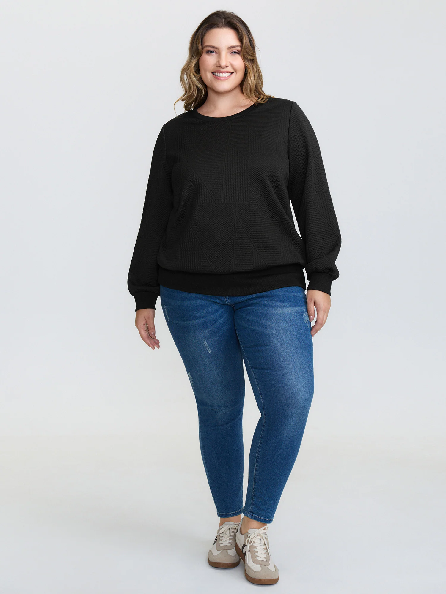 Round Neck Textured Solid Sweatshirt - Image 2
