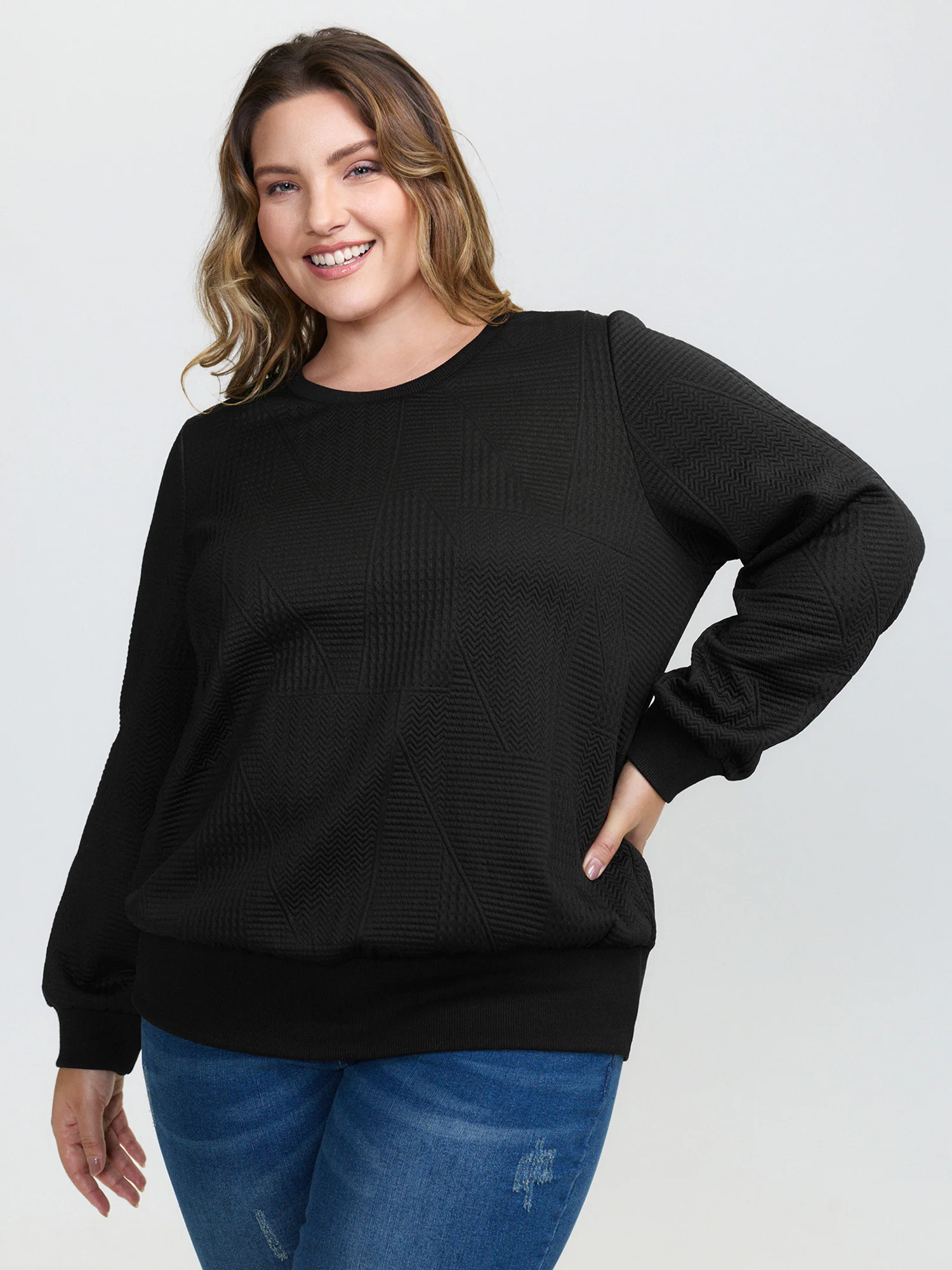 Round Neck Textured Solid Sweatshirt - Image 3