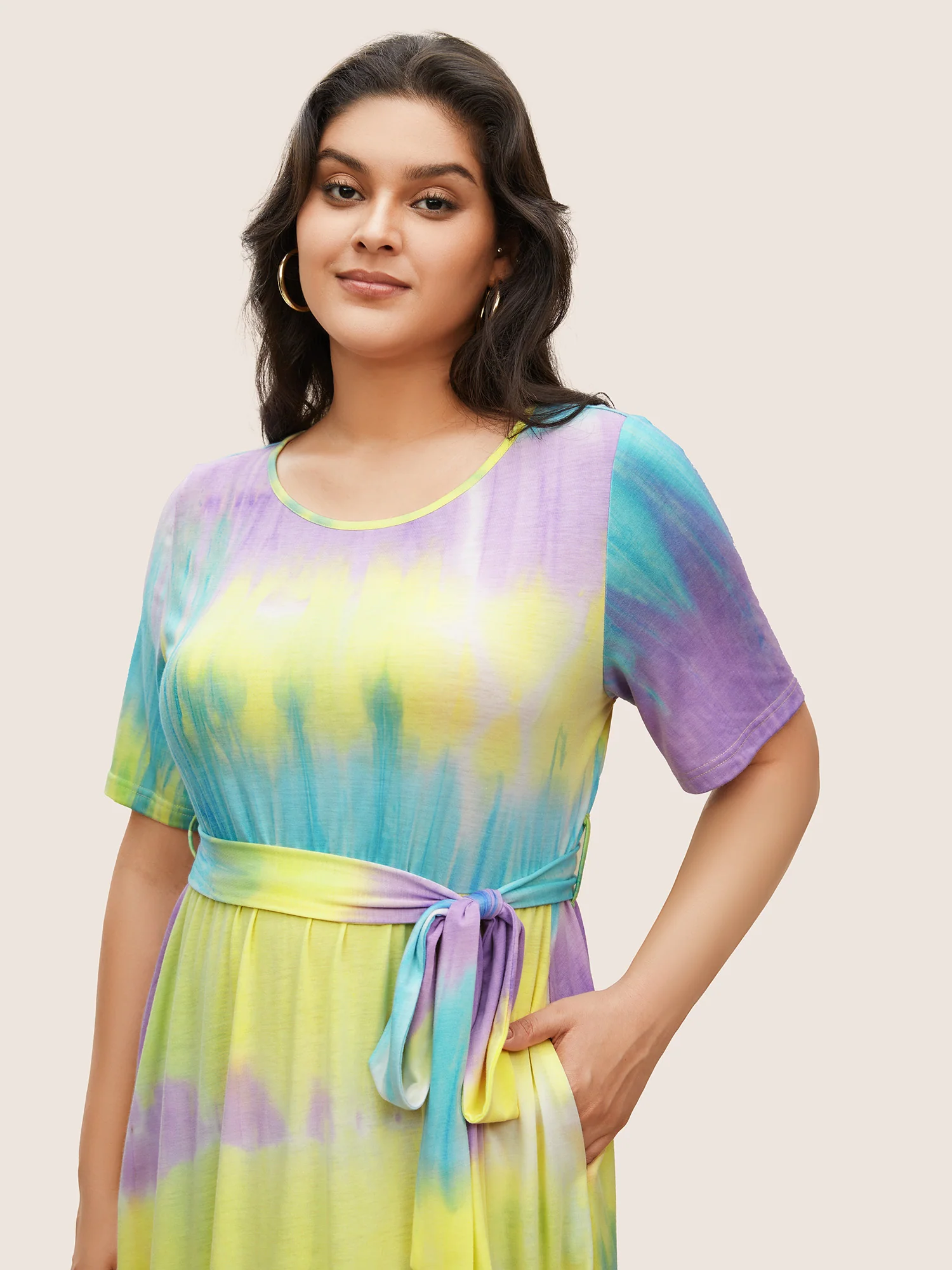 Round Neck Tie Dye Belted Pocket Dress - Image 2
