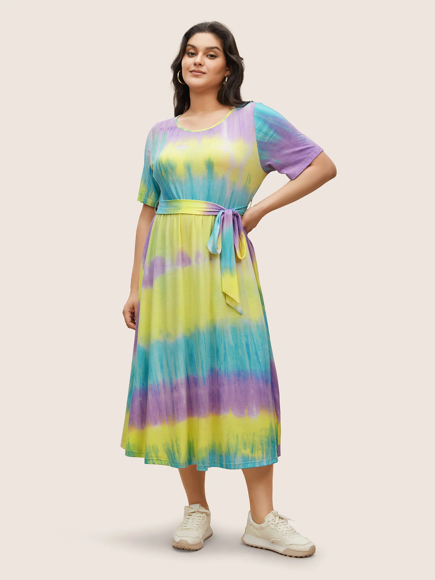 Round Neck Tie Dye Belted Pocket Dress - Image 3