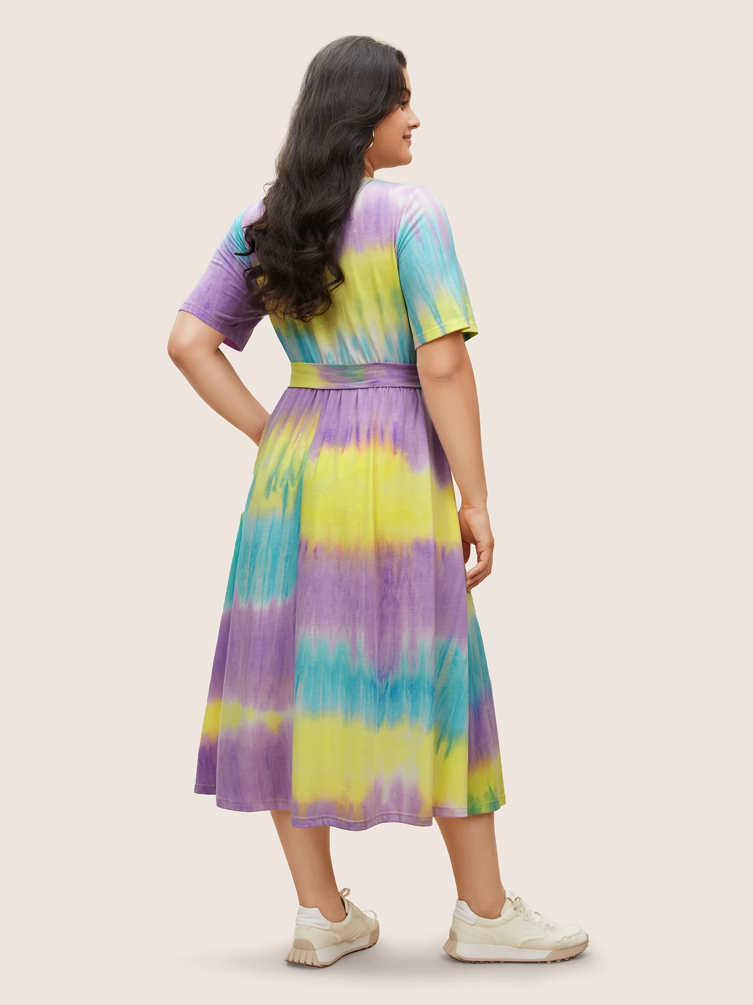 Round Neck Tie Dye Belted Pocket Dress - Image 4