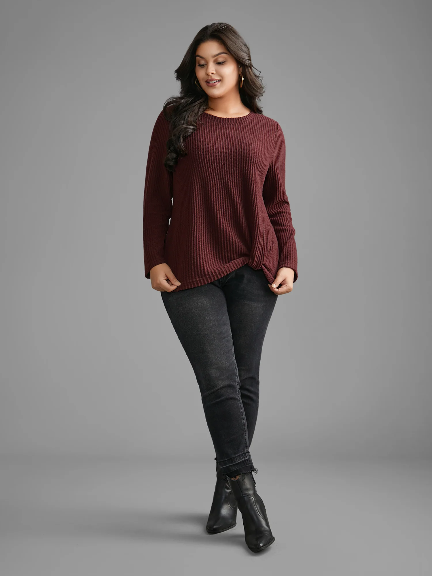 Round Neck Waffle Knit Twist Front T-shirt - Image 3