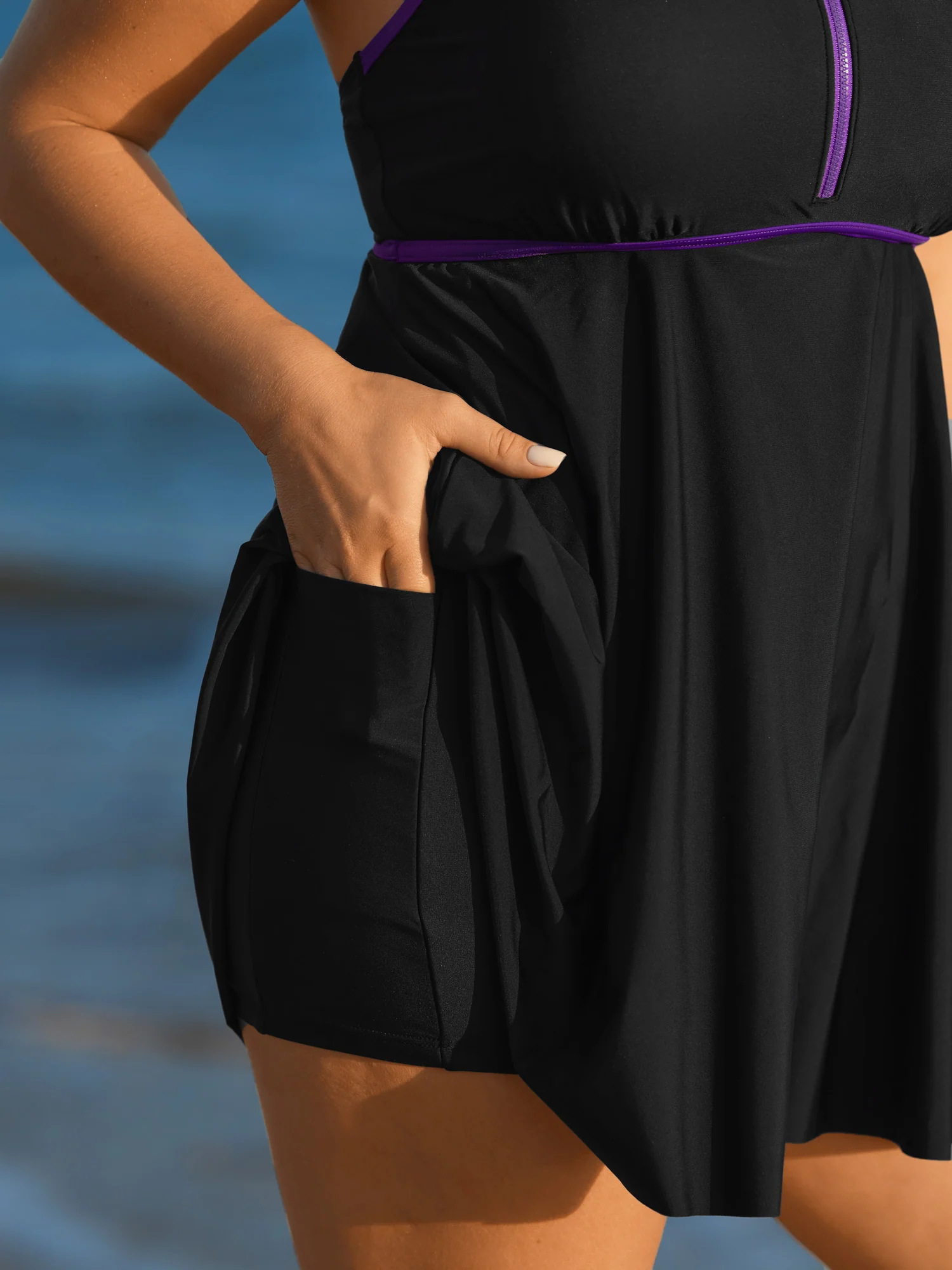 Round Neck Zipper Color Contrast Swim Dress - Image 5
