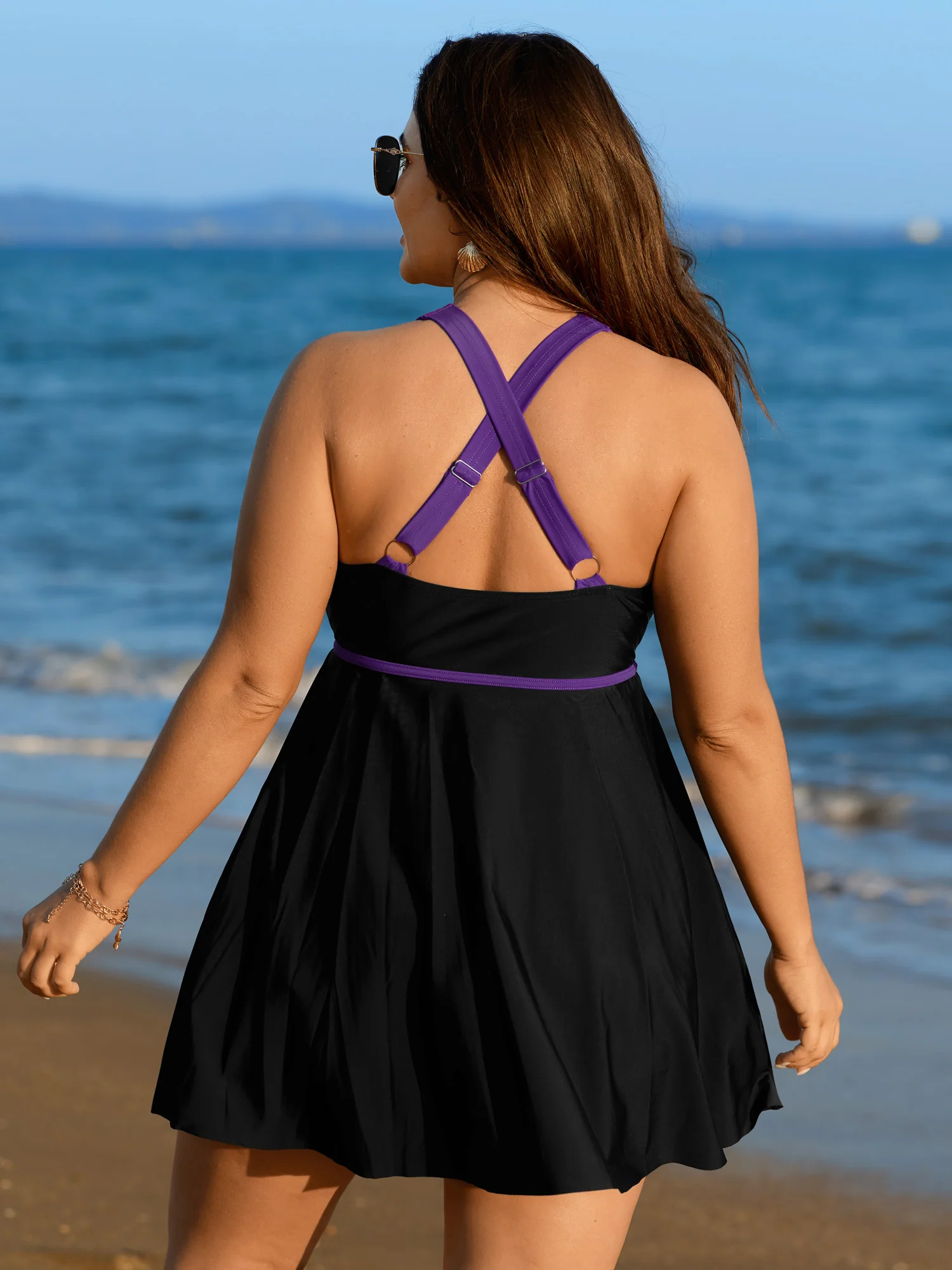 Round Neck Zipper Color Contrast Swim Dress - Image 6
