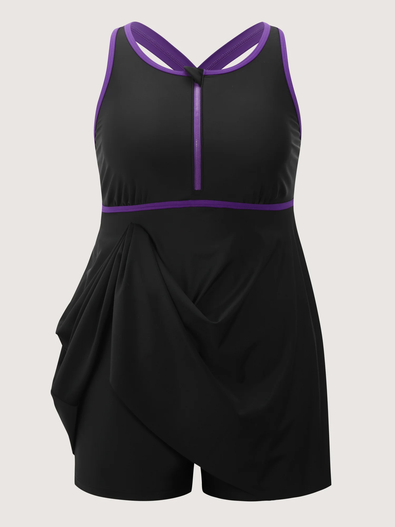 Round Neck Zipper Color Contrast Swim Dress - Image 8