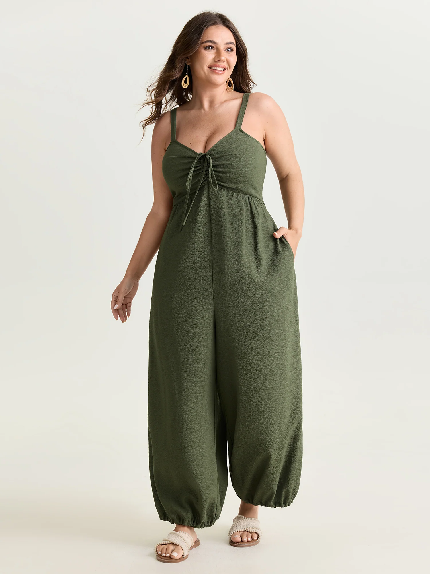 Ruched Adjustable Drawstring Bust Cuffed Jumpsuit - Image 3