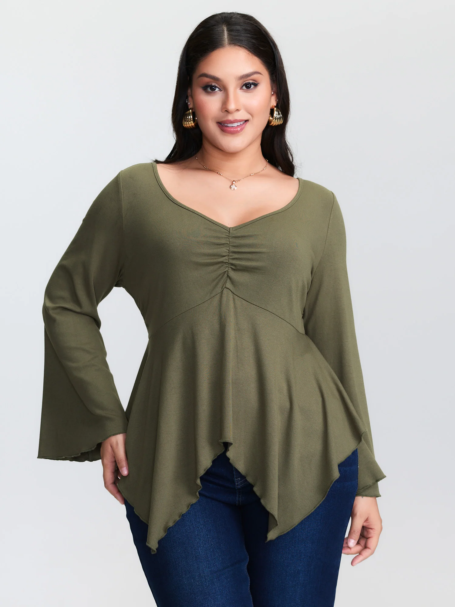 Ruched Bodice Asymmetrical Hem Knit Top