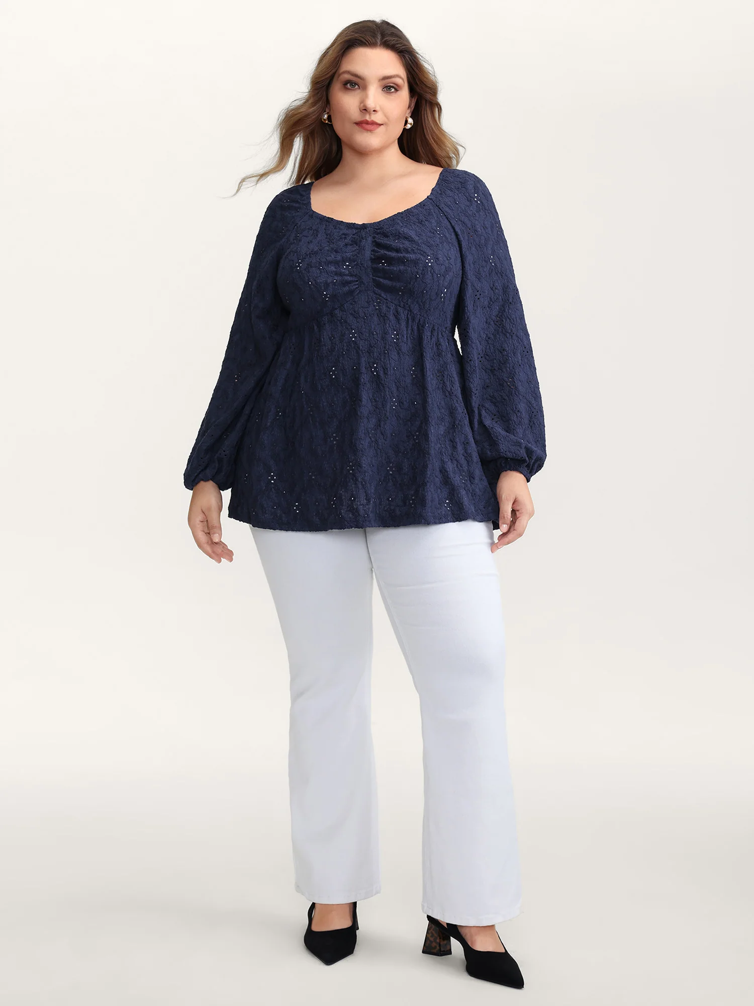 Ruched Bodice Lantern Sleeve Knit Top - Image 3