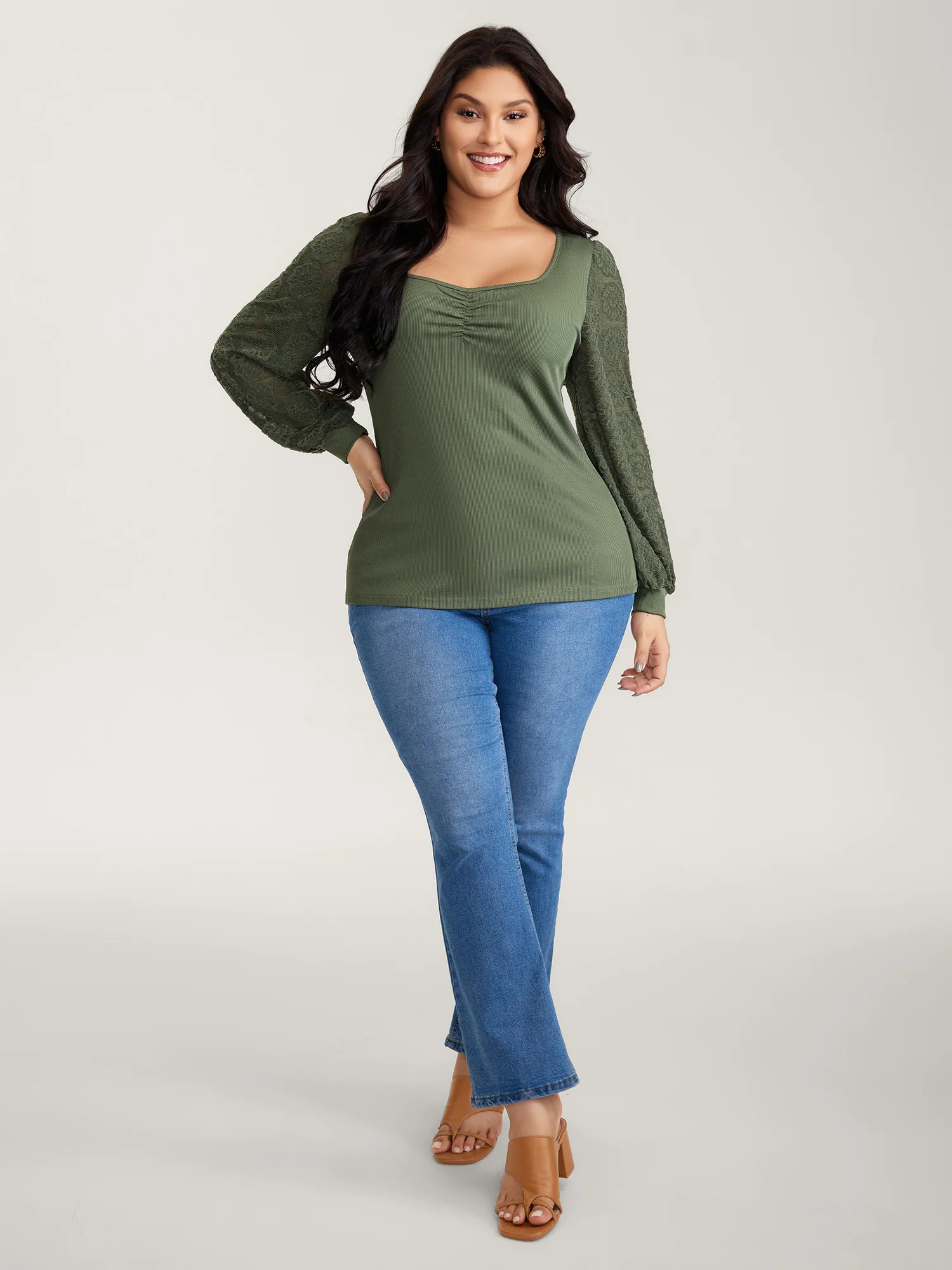 Ruched Deep-Neckline Solid Knit Top - Image 3