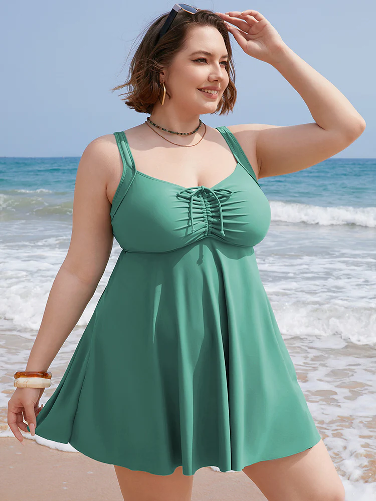 Ruched Drawstring Flutter Hem Swim Dress - Image 2