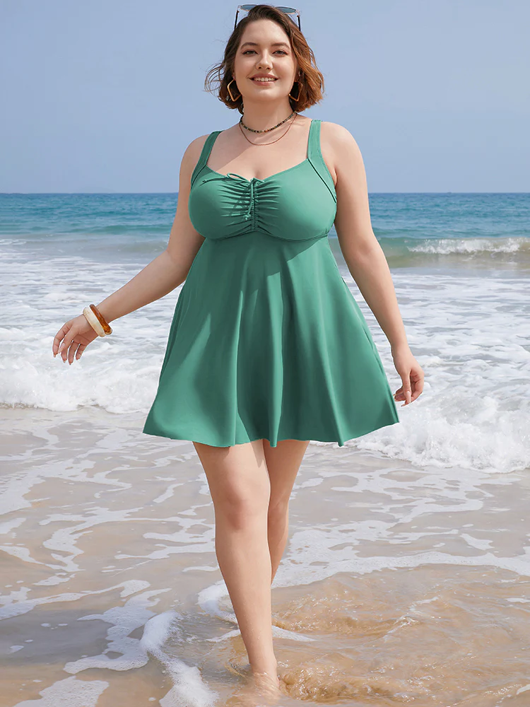 Ruched Drawstring Flutter Hem Swim Dress - Image 3
