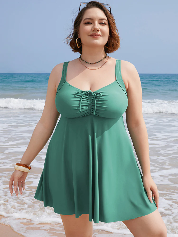 Ruched Drawstring Flutter Hem Swim Dress - Image 4