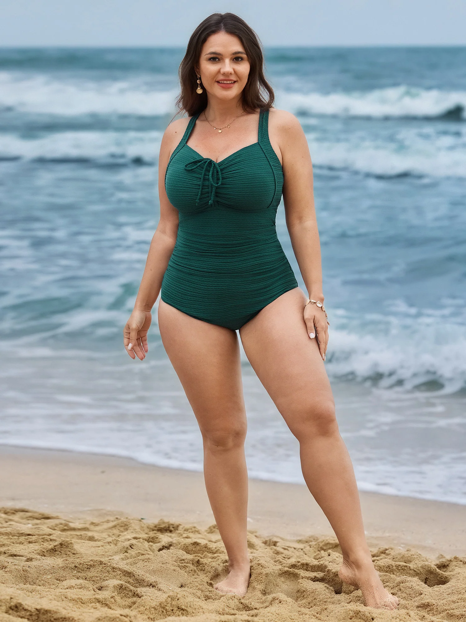 Ruched Drawstring Front Shirred One-Piece Swimsuit - Image 3
