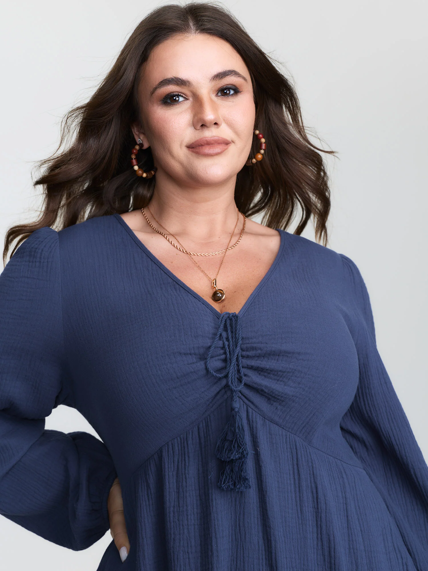 Cotton Ruched Drawstring Neckline Tiered Midi Dress - Image 2
