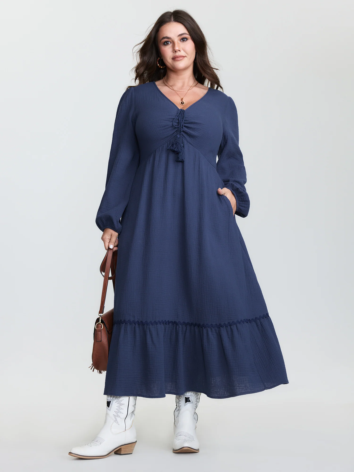 Cotton Ruched Drawstring Neckline Tiered Midi Dress - Image 3