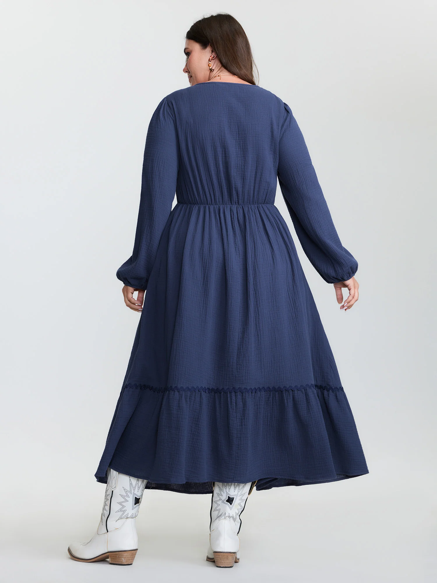 Cotton Ruched Drawstring Neckline Tiered Midi Dress - Image 5