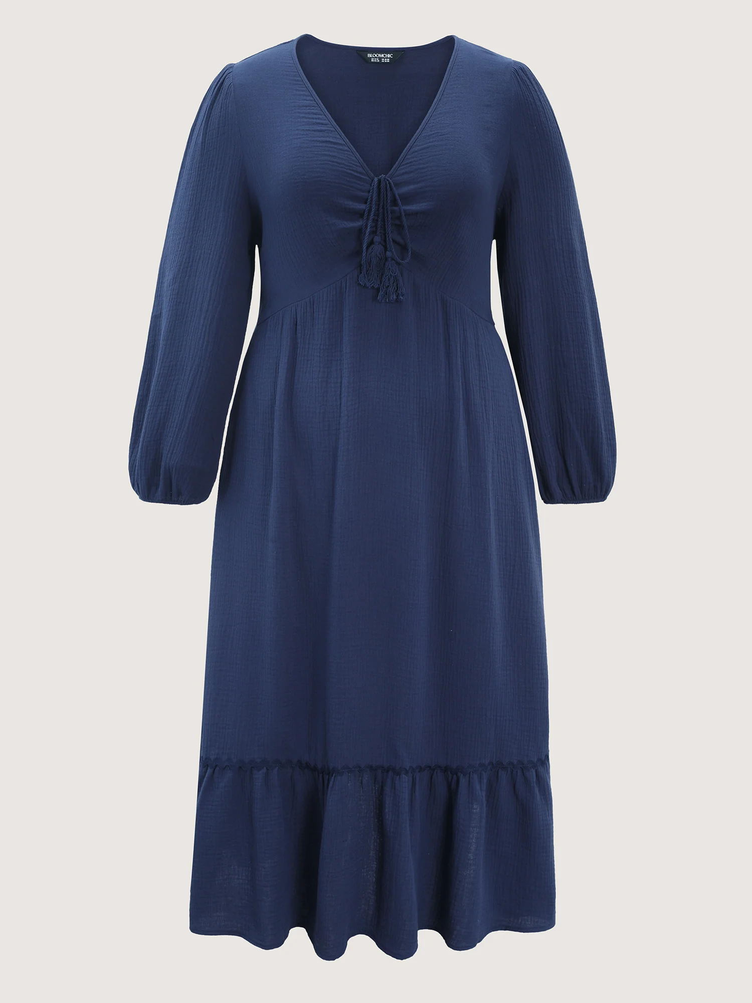 Cotton Ruched Drawstring Neckline Tiered Midi Dress - Image 8
