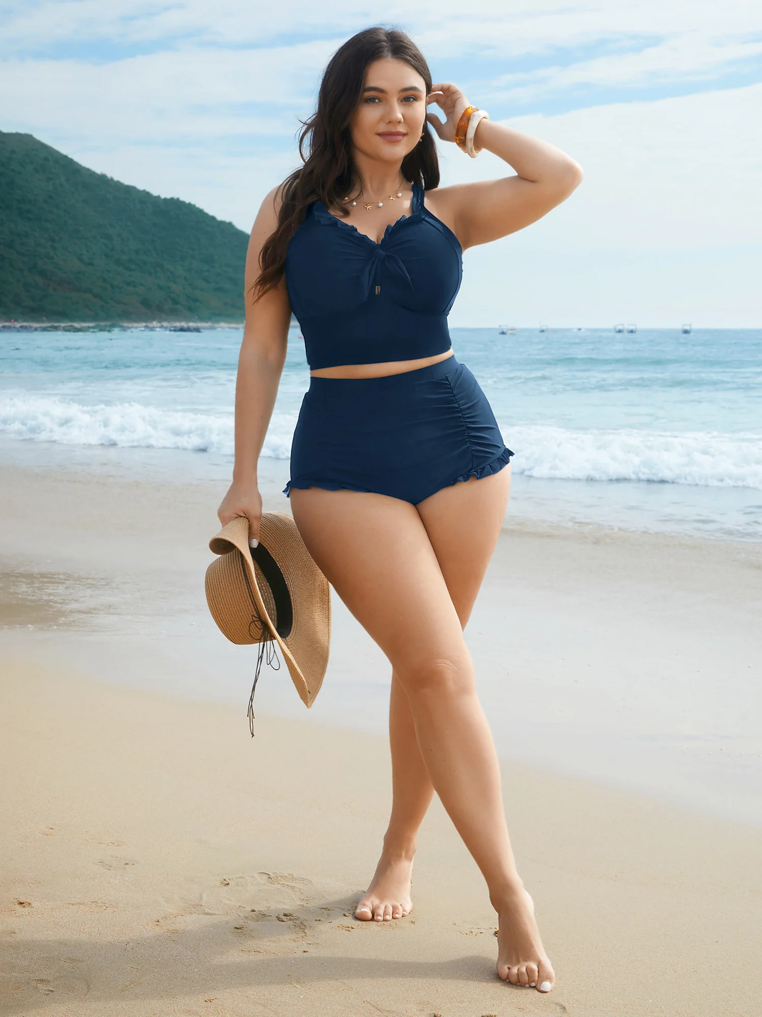 Ruched Mesh Seamed Ruffle Trim Bikini Bottoms - Image 24