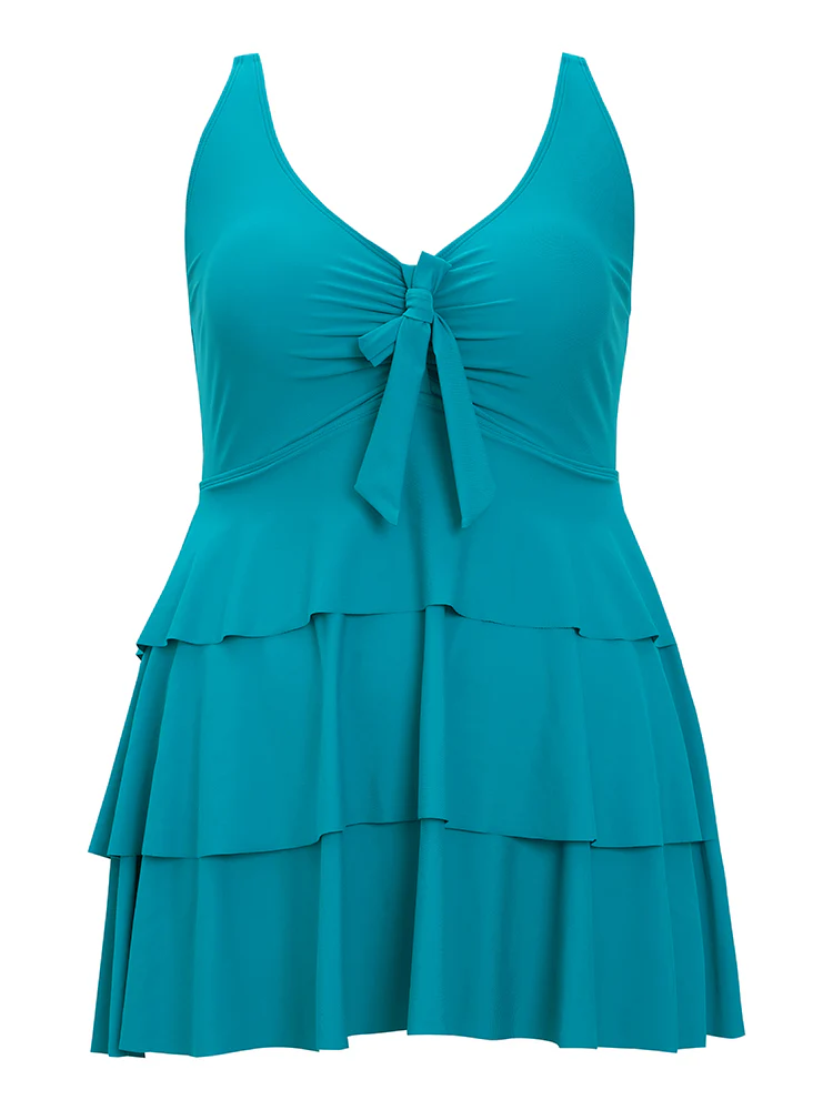 Ruched Ruffle Tiered Knot Front Swim Dress - Image 12