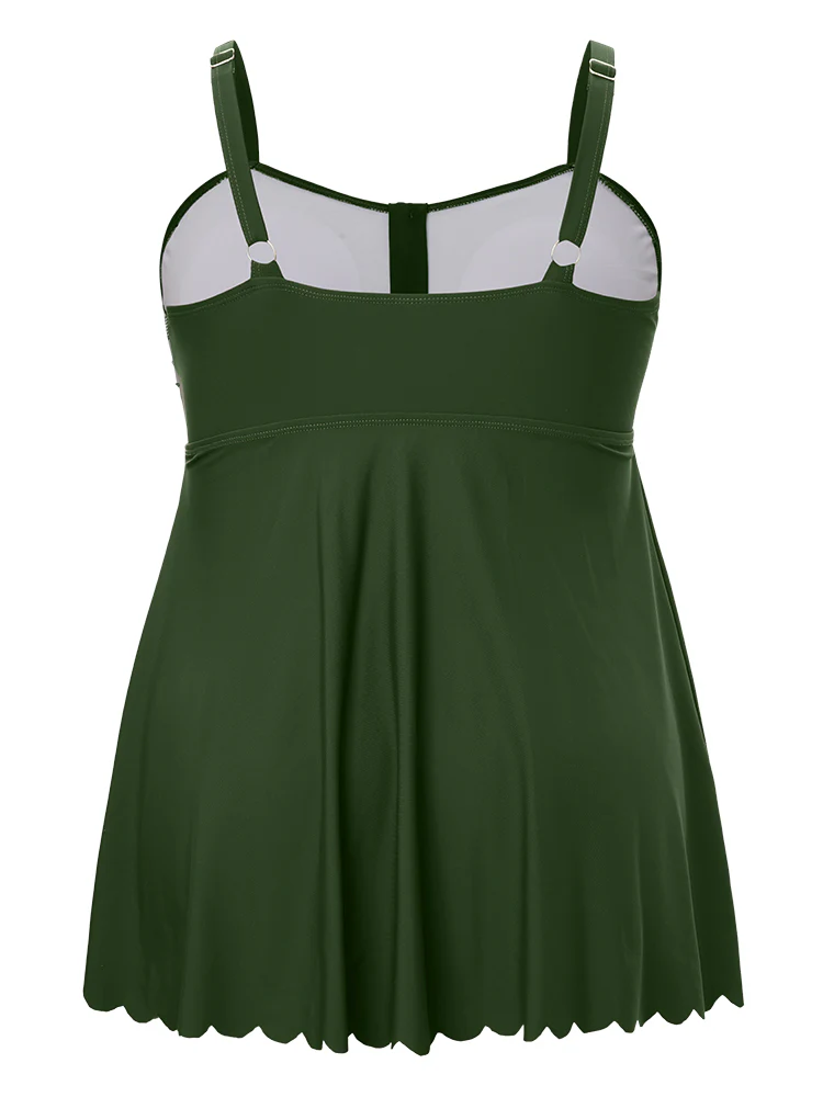 Ruched Scalloped Trim Adjustable Straps Tankini Top - Image 12