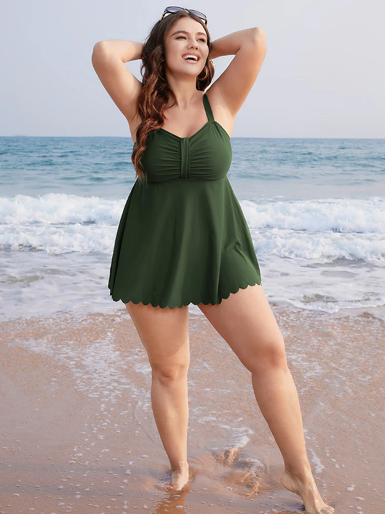 Ruched Scalloped Trim Adjustable Straps Tankini Top - Image 5