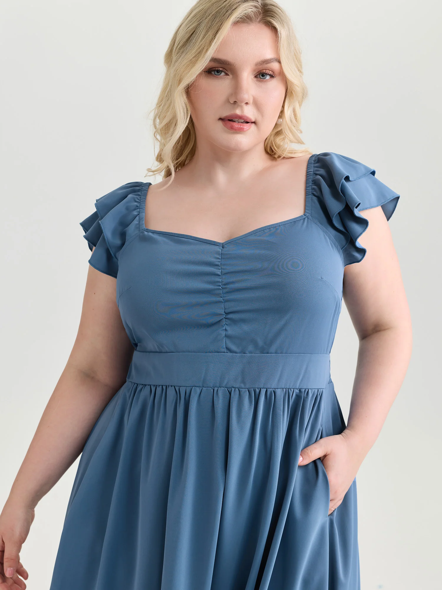 Ruched Shirred Back Layered Sleeve Midi Dress - Image 2