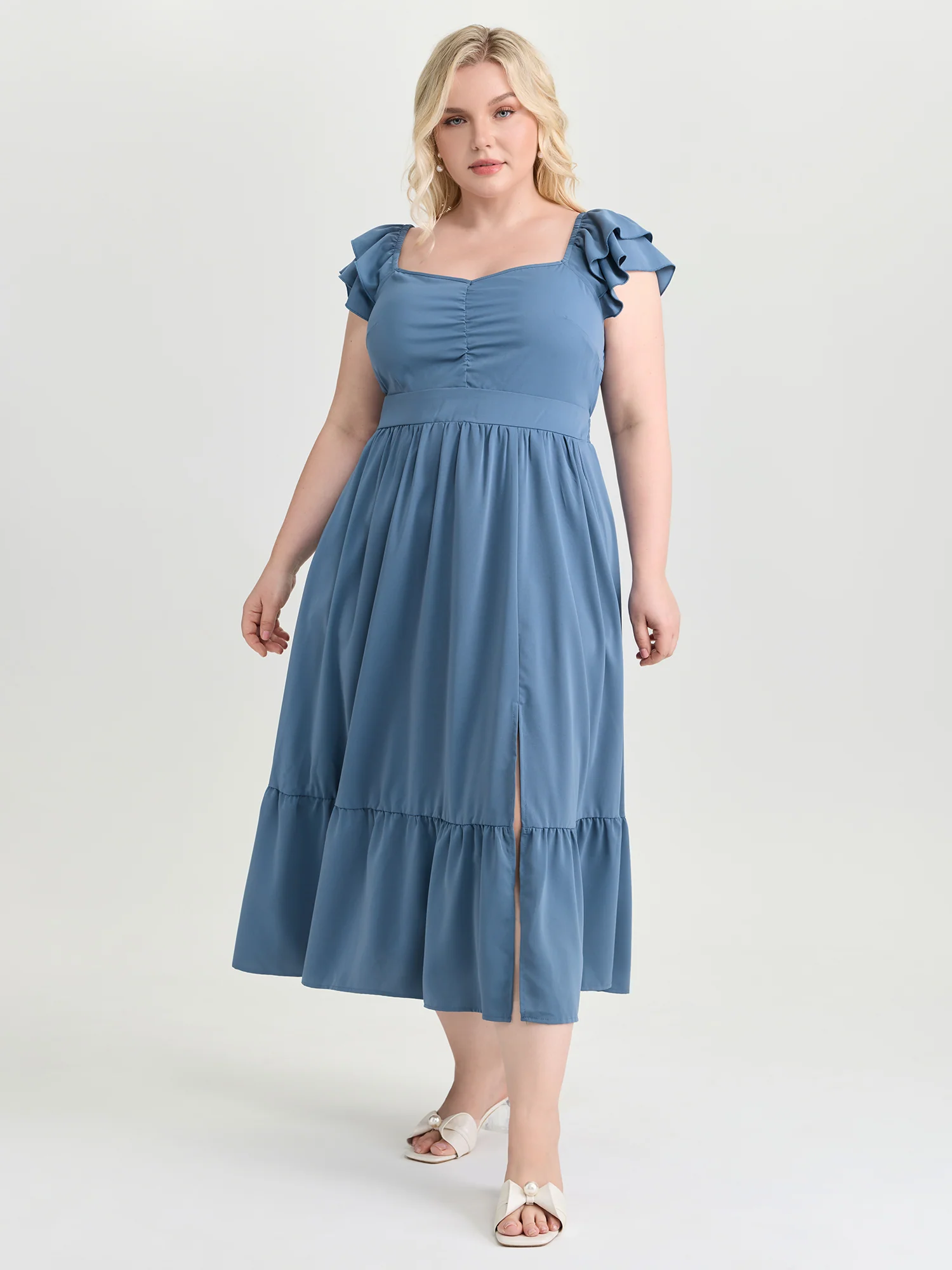 Ruched Shirred Back Layered Sleeve Midi Dress - Image 4
