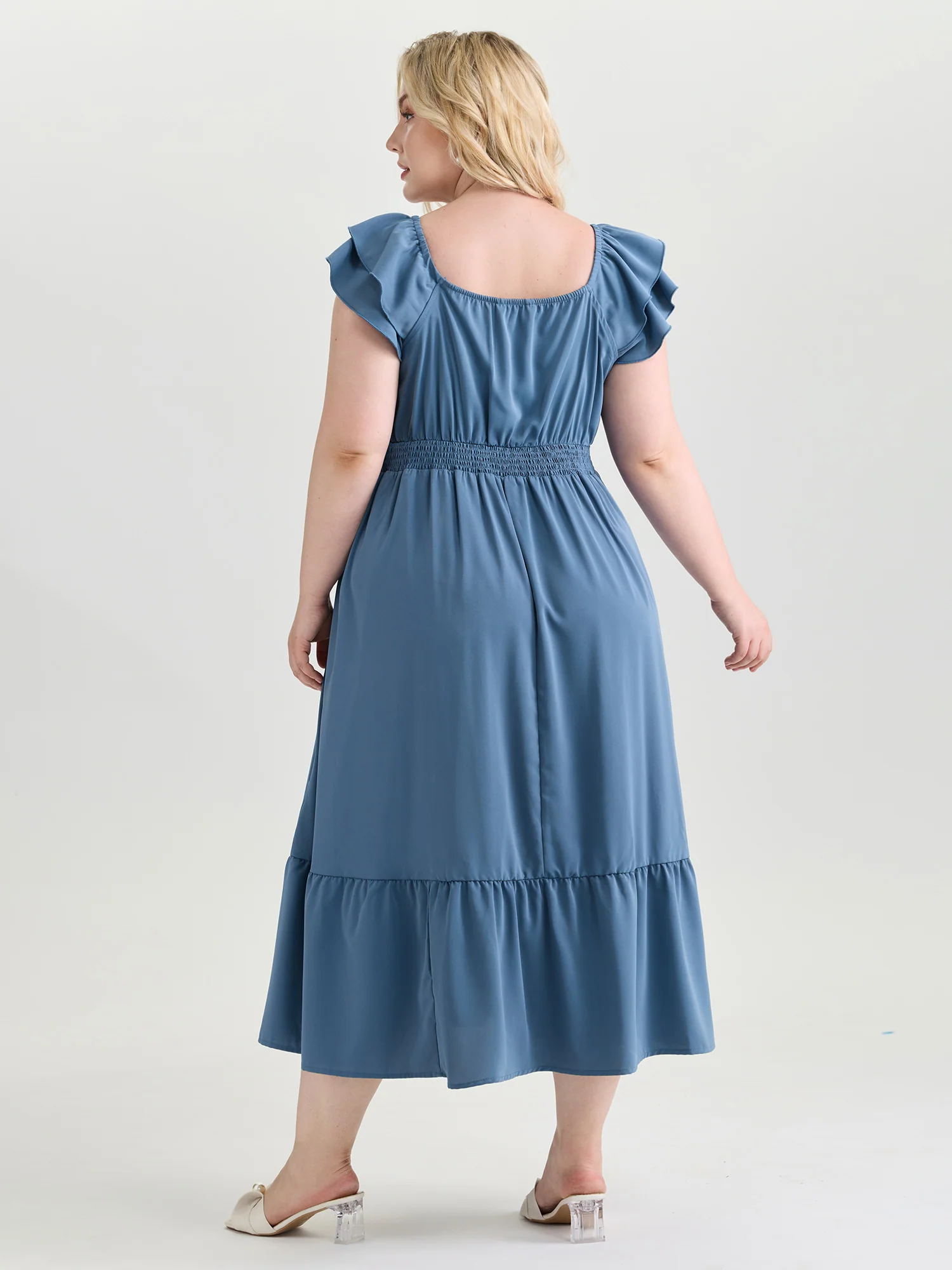 Ruched Shirred Back Layered Sleeve Midi Dress - Image 5