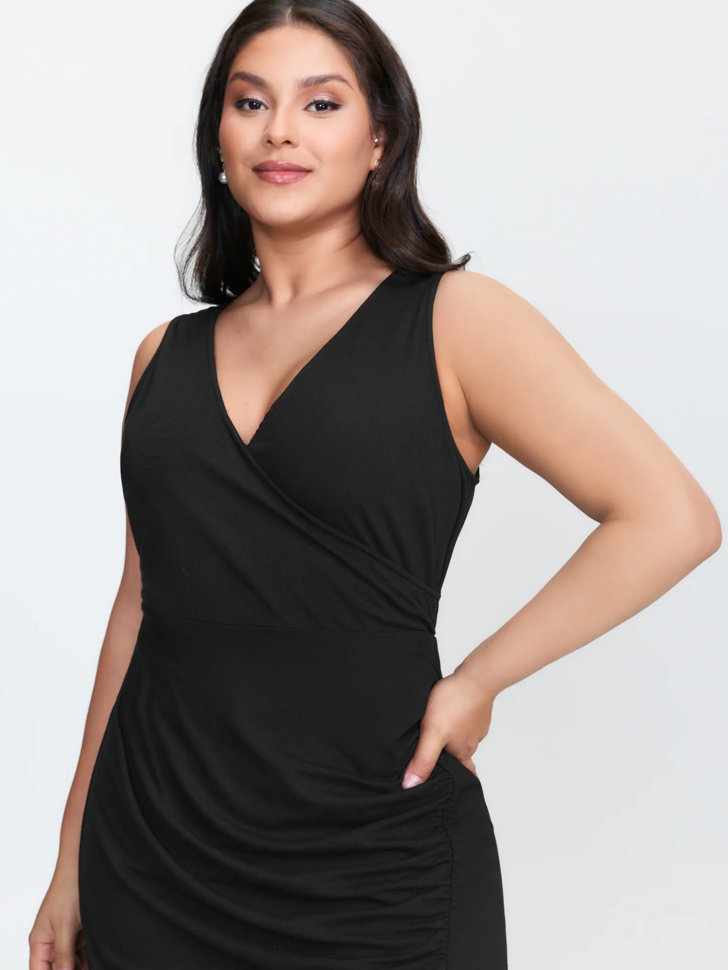 Ruched Side Slit V-Neck Midi Dress - Image 2