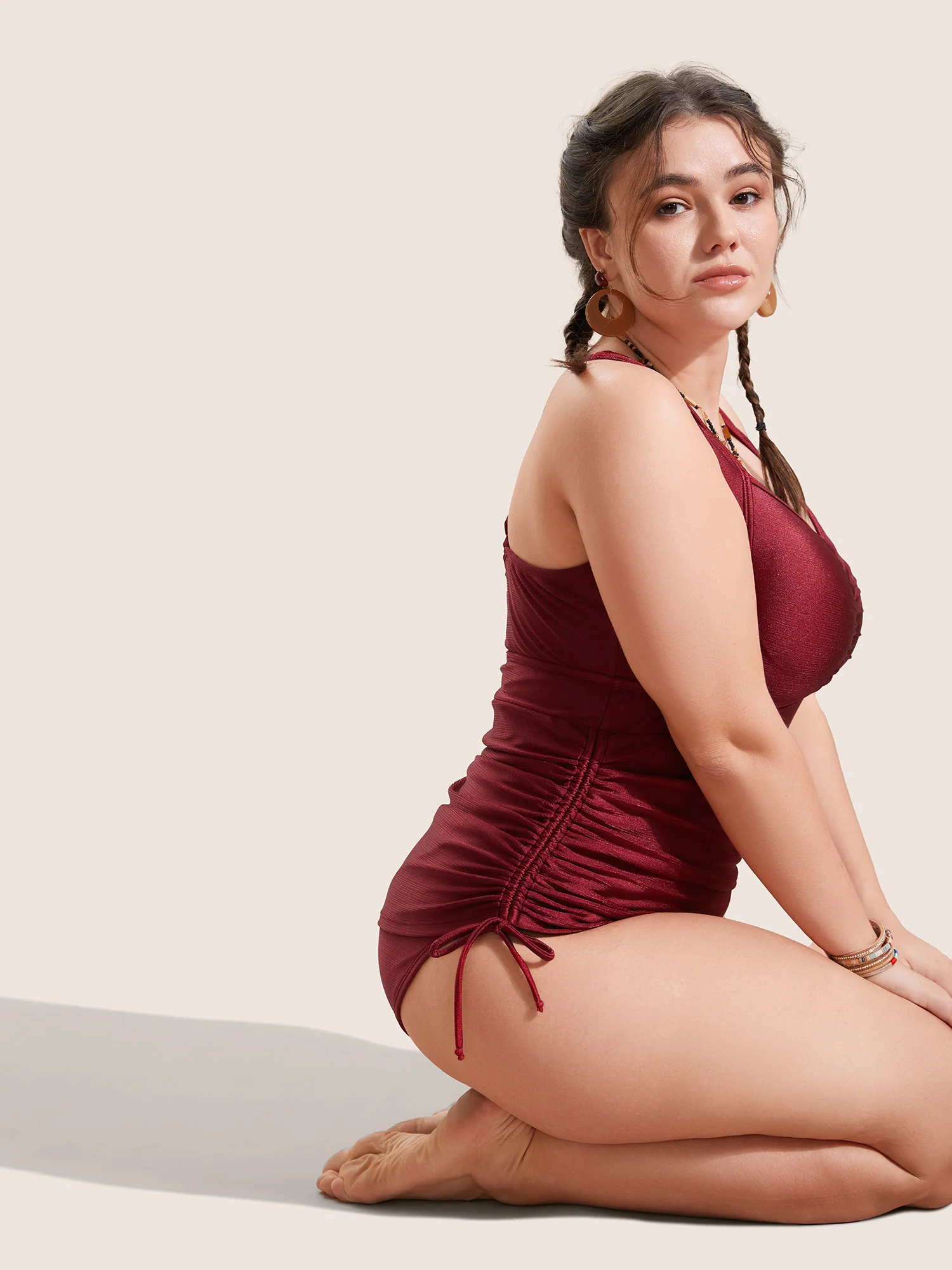 Ruched Skinny Drawstring Heart Neckline One Piece Swimsuit - Image 2