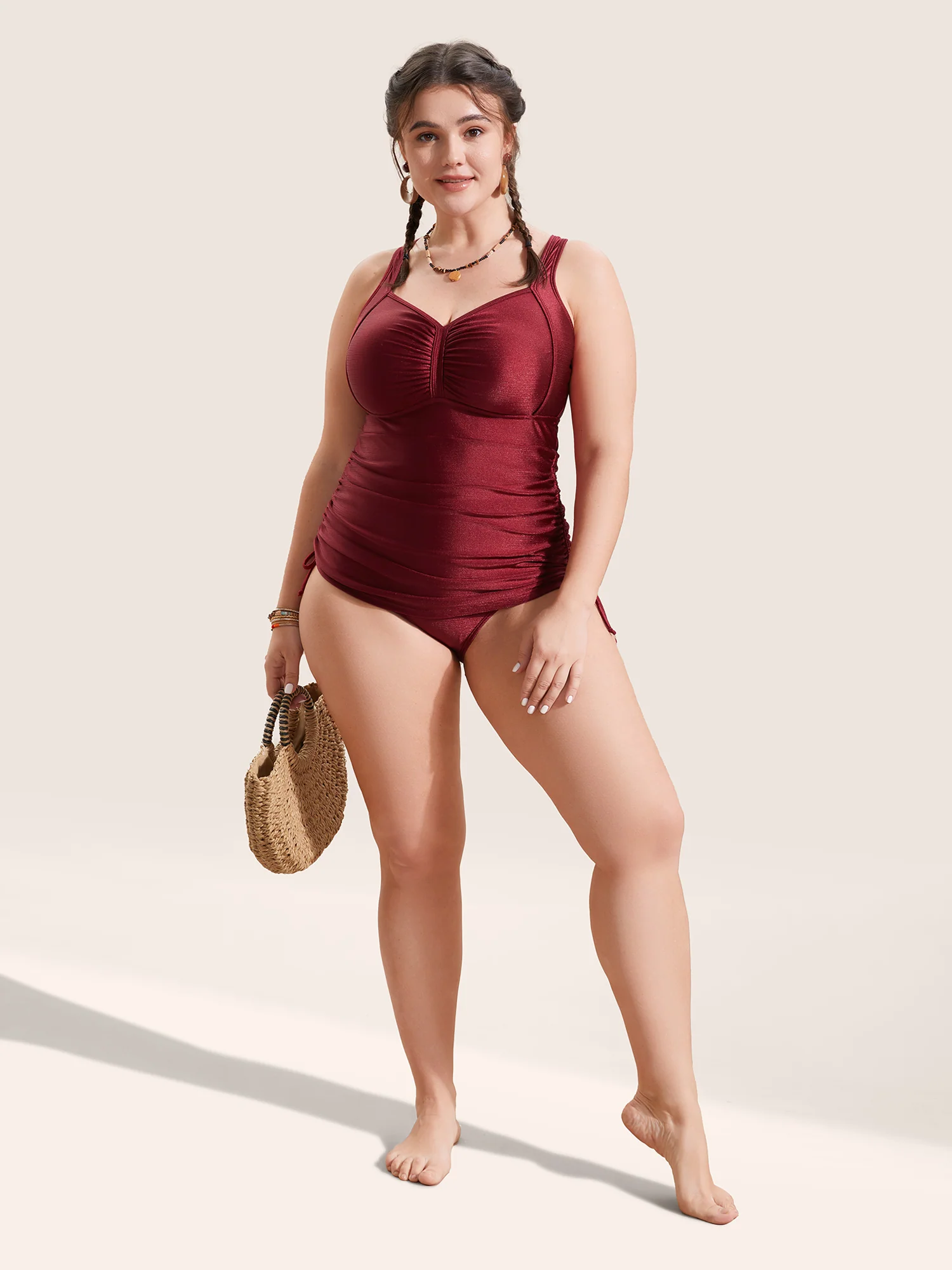 Ruched Skinny Drawstring Heart Neckline One Piece Swimsuit - Image 4