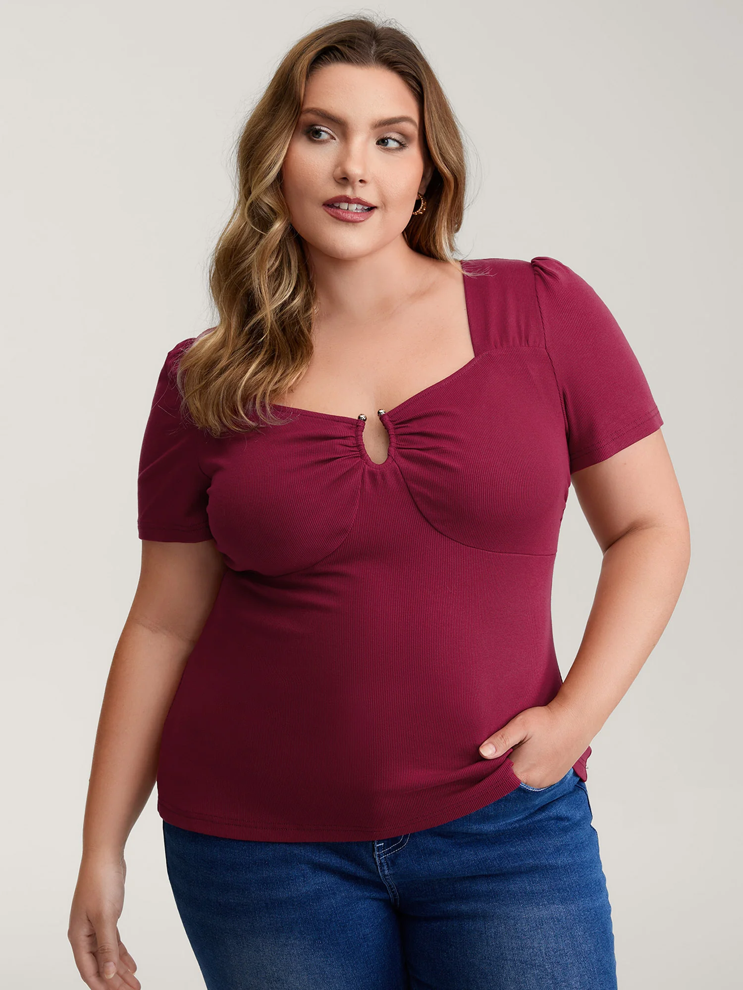 Ruched Stretchy Fitted Solid T-Shirt - Image 2