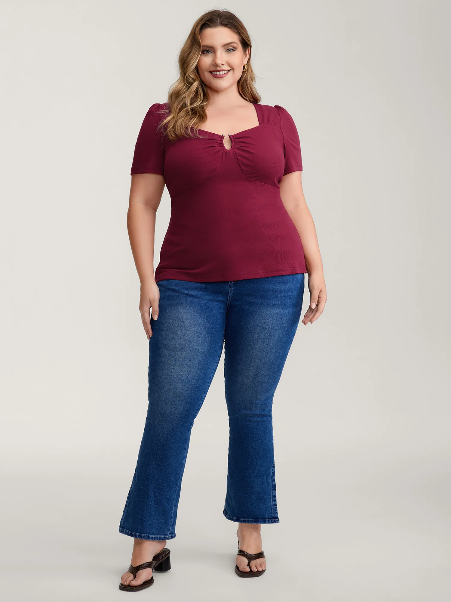 Ruched Stretchy Fitted Solid T-Shirt - Image 3