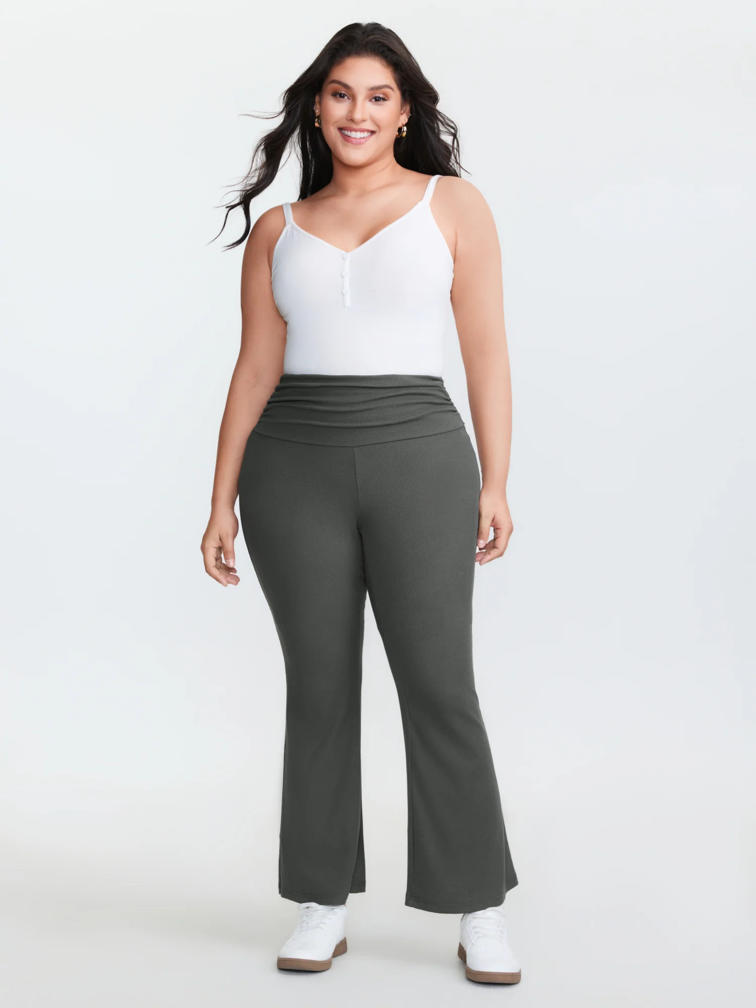 Ruched Wide Waistband Flared Leggings