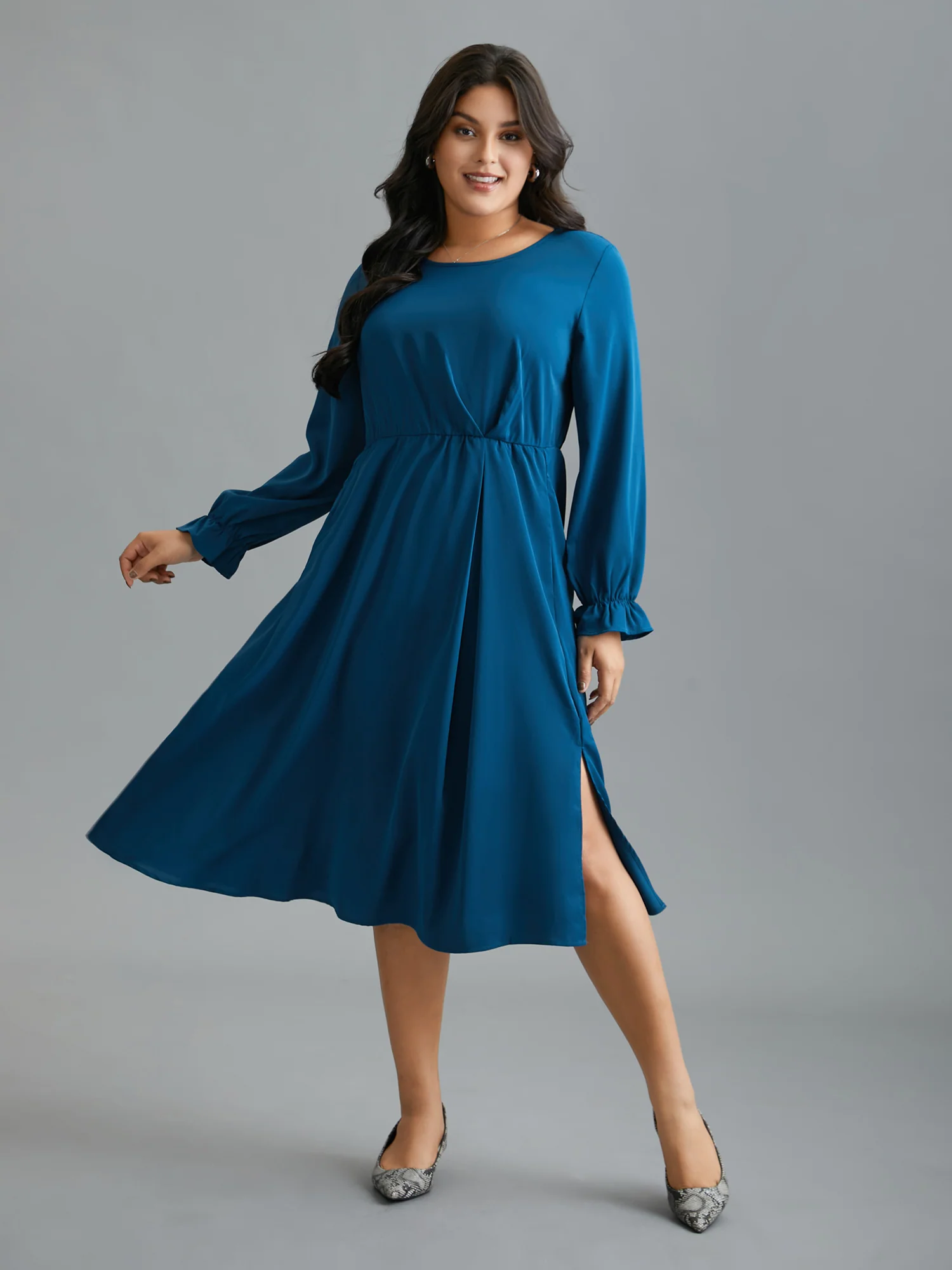 Ruffle Cuff Elastic Waist Split Hem Dress - Image 2