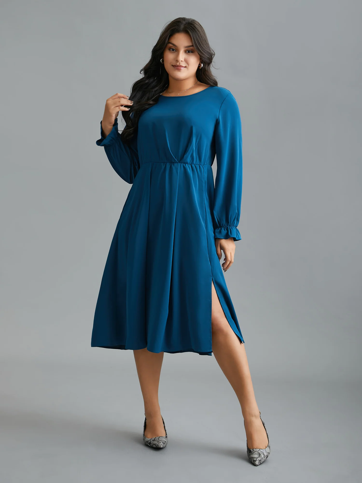 Ruffle Cuff Elastic Waist Split Hem Dress - Image 3