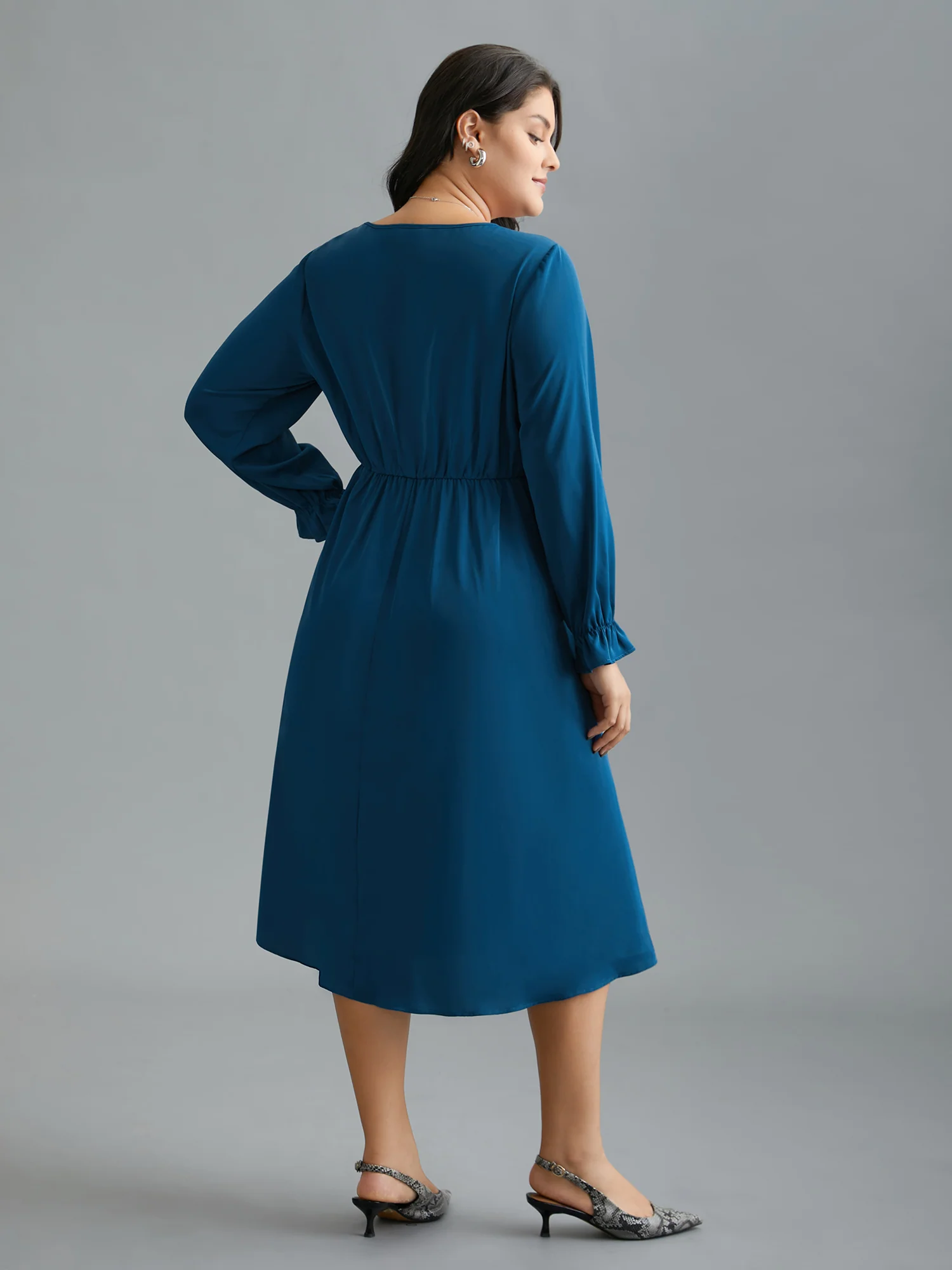 Ruffle Cuff Elastic Waist Split Hem Dress - Image 5