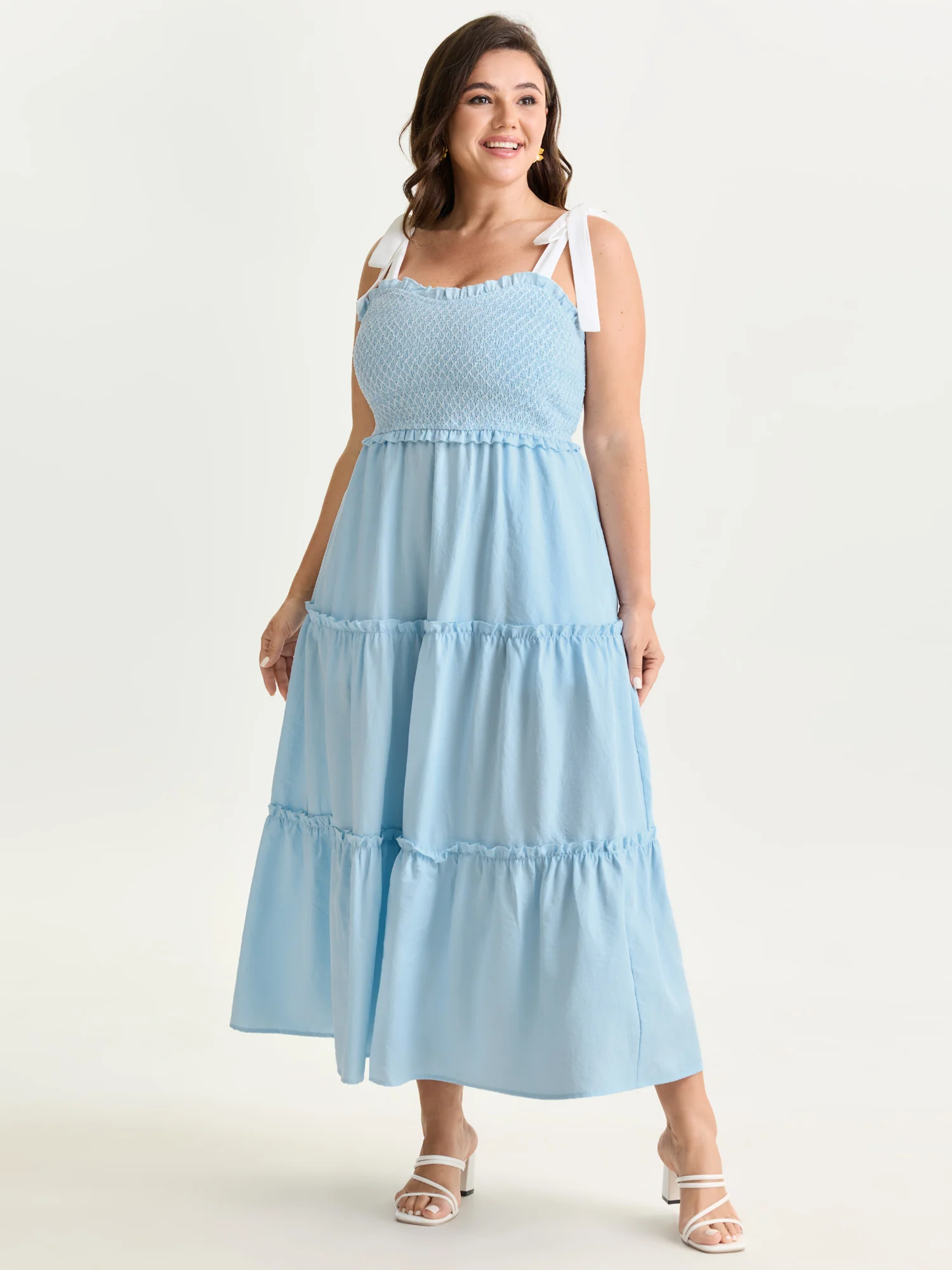 Ruffle Hem Shirred Bust Tiered Midi Dress