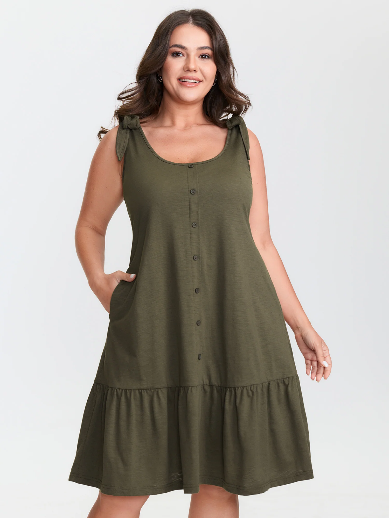 Ruffle Hem Tie Shoulder Pockets Sleeveless Dress