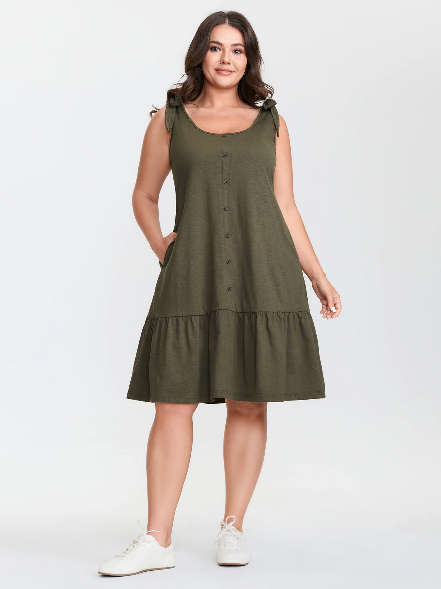 Ruffle Hem Tie Shoulder Pockets Sleeveless Dress - Image 3