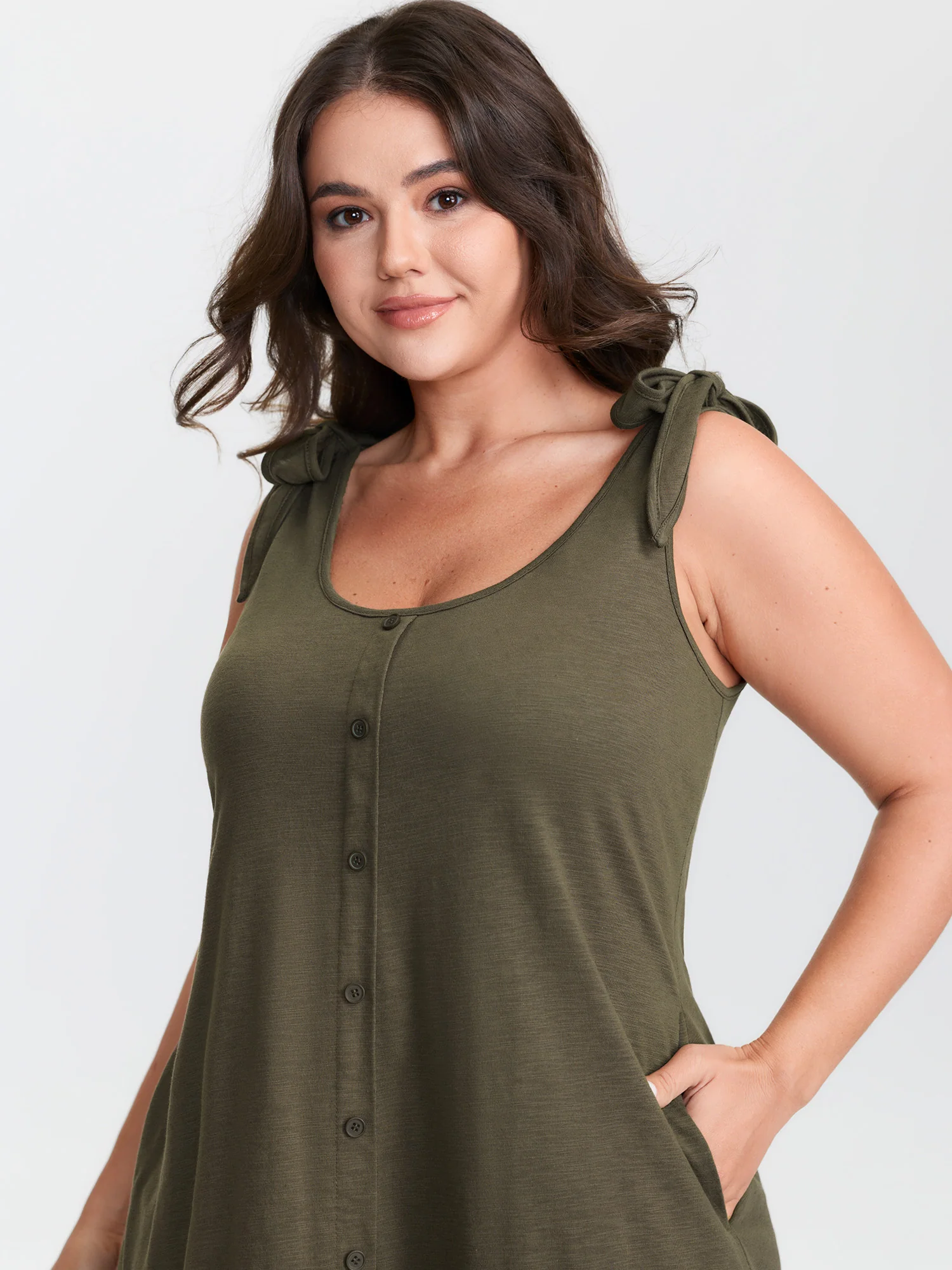 Ruffle Hem Tie Shoulder Pockets Sleeveless Dress - Image 4