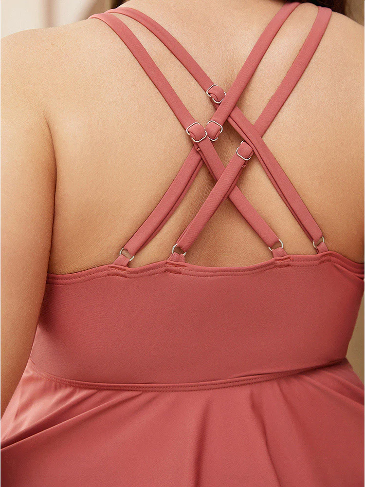 Ruffle Hem V Neck Crisscross Back Tankini Top - Image 6