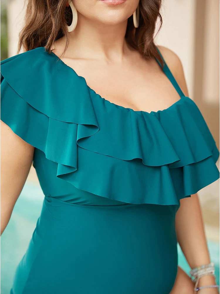 Ruffle Tiered Asymmetrical Neck One Piece Swimsuit - Image 7