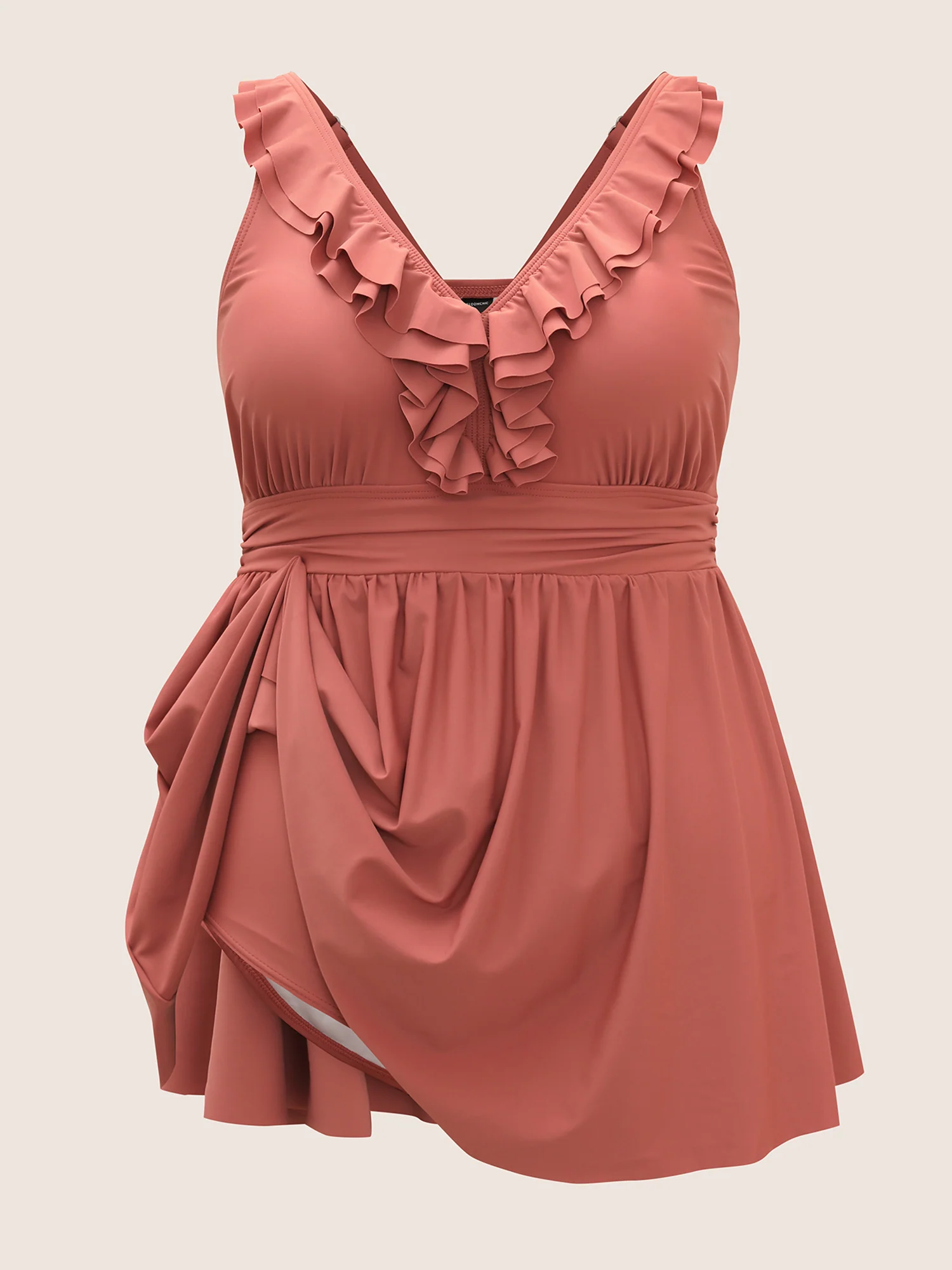 Ruffle Trim Adjustable Straps Gathered Sculpt Waist Swim Dress - Image 10