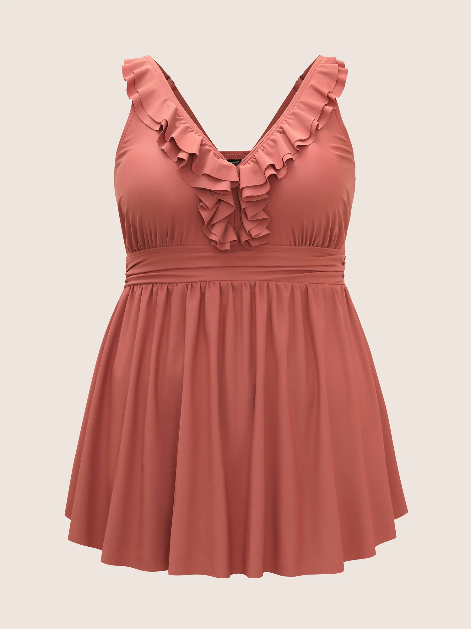 Ruffle Trim Adjustable Straps Gathered Sculpt Waist Swim Dress - Image 11